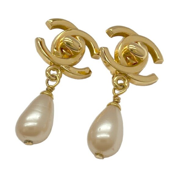 CHANEL Gold Pearl Logo Earrings - Picture 1 of 8